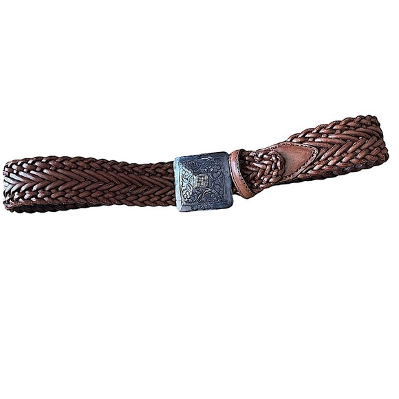 Accessories - Warm Brown Woven Leather Belt with Large Square Buckle Size Small